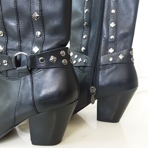 HARLEY-DAVIDSON Black Leather Western Studded Harness Heeled Biker Boots Sz 6